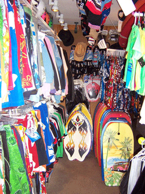 Seaward Surf and Sport's display of boardshorts, bodyboards and skimboards